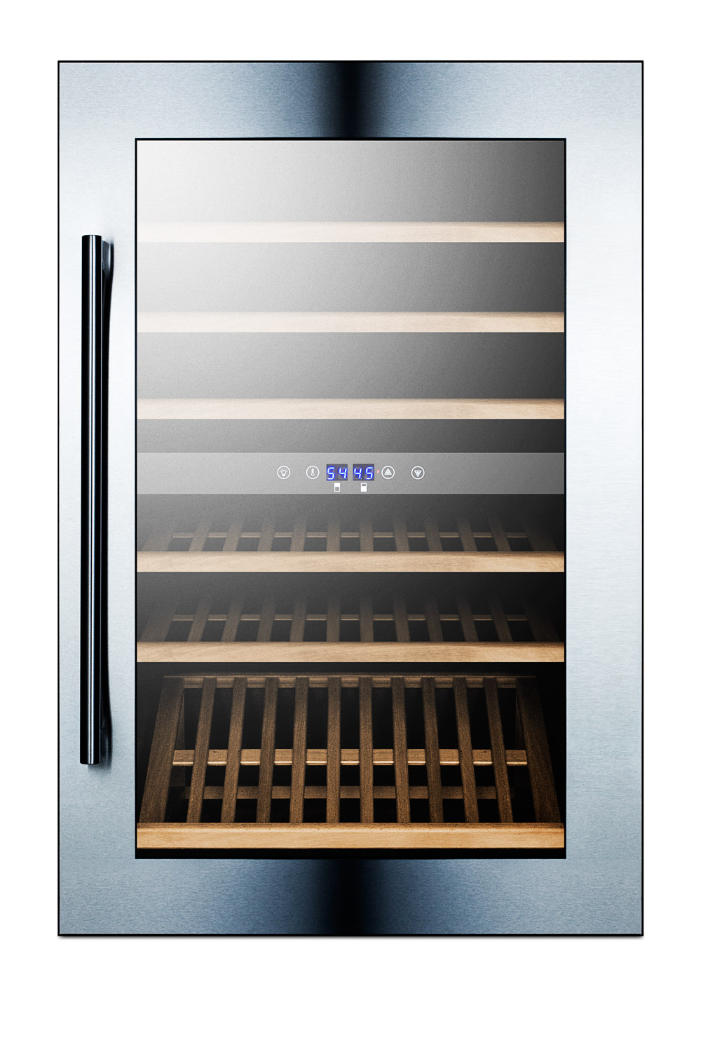 51 bottle fully integrated dual zone commercial wine cellar designed for the display and refrigeration of beverages, with digital controls and LED lighting